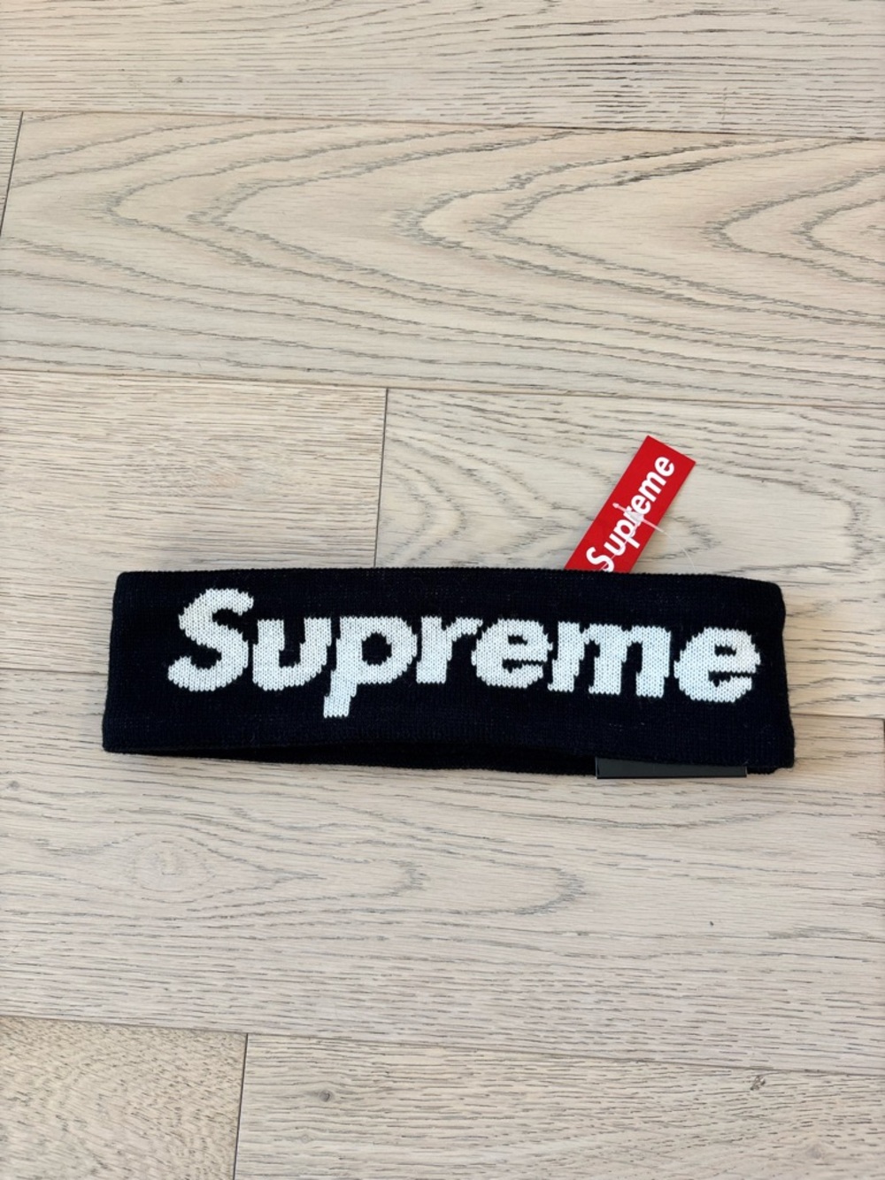 Supreme Black Knit Headband with White Logo Patch